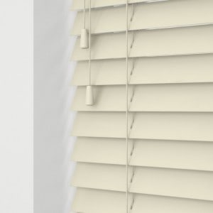 ivory wood venetian blinds with cords close up