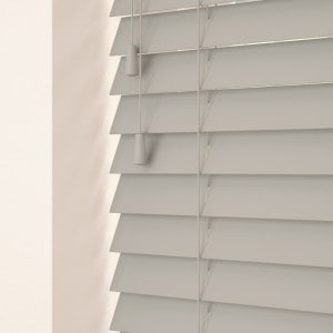 light grey wood Venetian blinds with cords