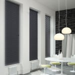 dark grey wooden Venetian blinds with cords