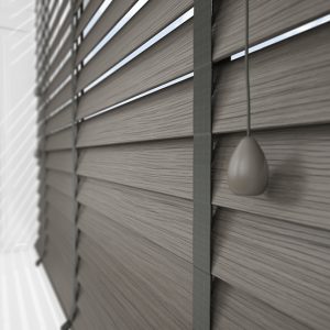 smoke grey faux wood blinds with tapes