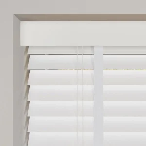 off white faux wood venetian blinds with tapes close up