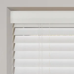 off white woodgrain faux wood venetian blinds with cords close up