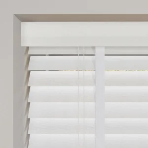 off white woodgrain faux wood venetian blinds with tapes close up