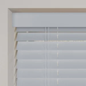 realm grey faux wood venetian blinds with cords close up