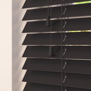 black faux wood blinds with cords